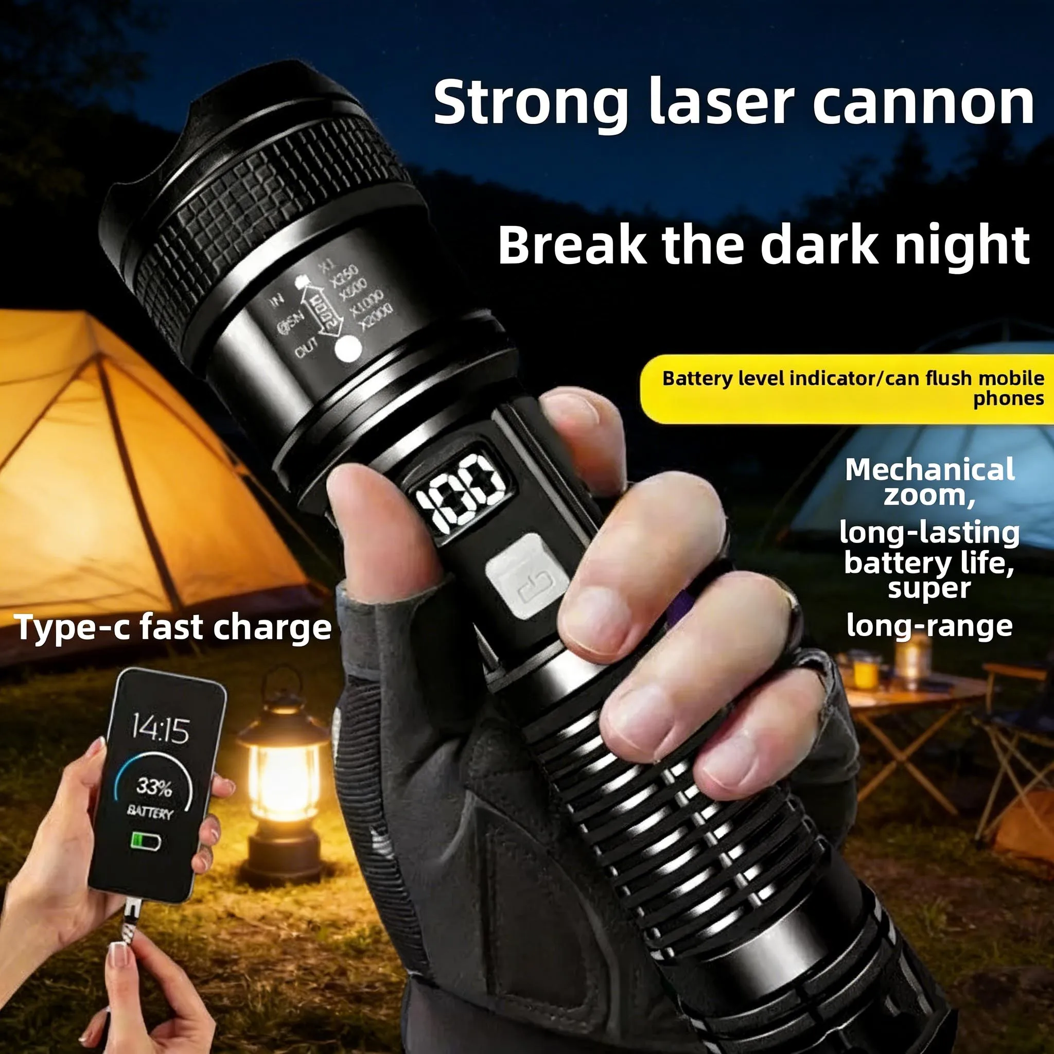 Hochleistungs-LED-Taschenlampe mit Starkem Licht, Zoomfunktion, USB-Aufladbar, Ultra-Hell, Große Reichweite, Aluminiumlegierung, Outdoor-Fackel