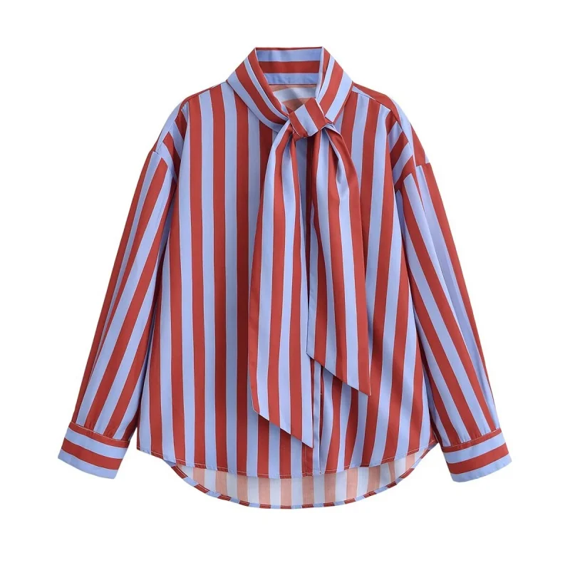 2026 Spring Summer Women Striped Shirt Long Sleeve High Neck Bow Tie Asymmetrical Hem Fashion Elegant Blouse Casual Tops