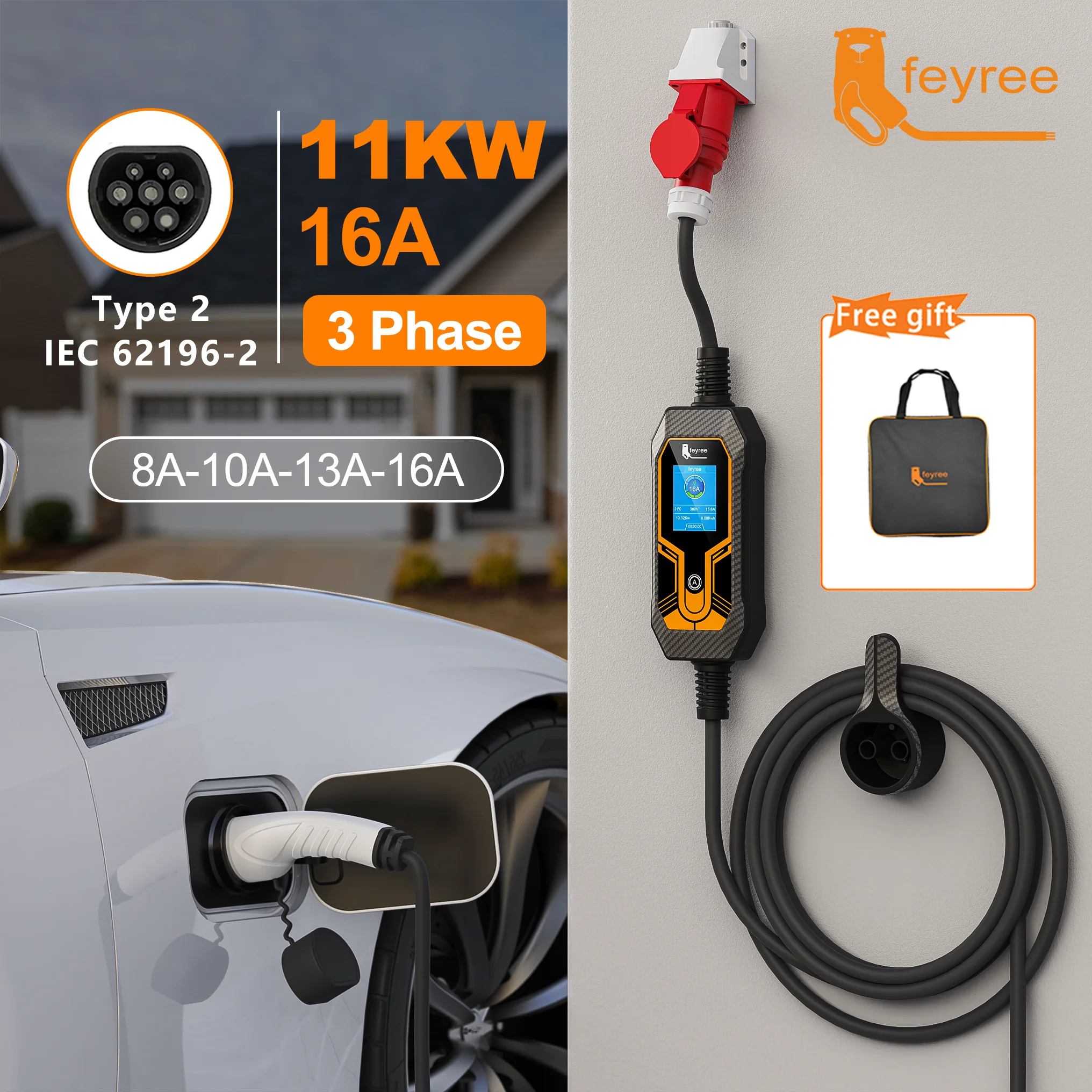 feyree 11KW 16A Type2 EV Portable Charger EVSE Charging Box Electric Car Charger CEE Plug IEC62196-2 Electric Vehicle Charger