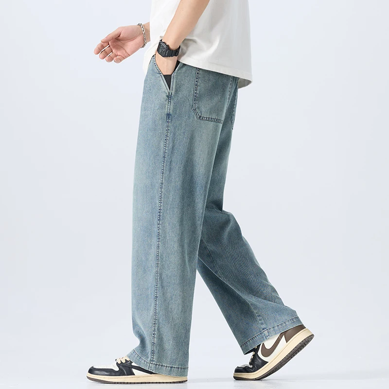 Men's Tencel Lyocell Straight Leg Jeans Summer Casual Loose Fit Lightweight Pants Casual Streetwear Comfortable Denim Trousers