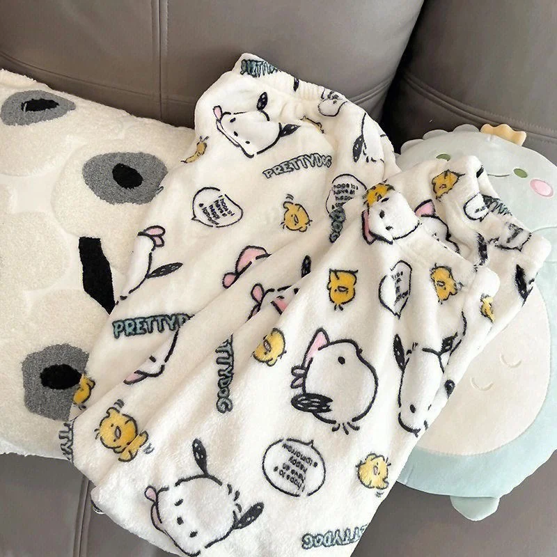 Pochacco Autumn and Winter Coral Plush Pajamas Women\'s Cartoon Plush Thickened Cute New Student Home Fur Two Piece Set