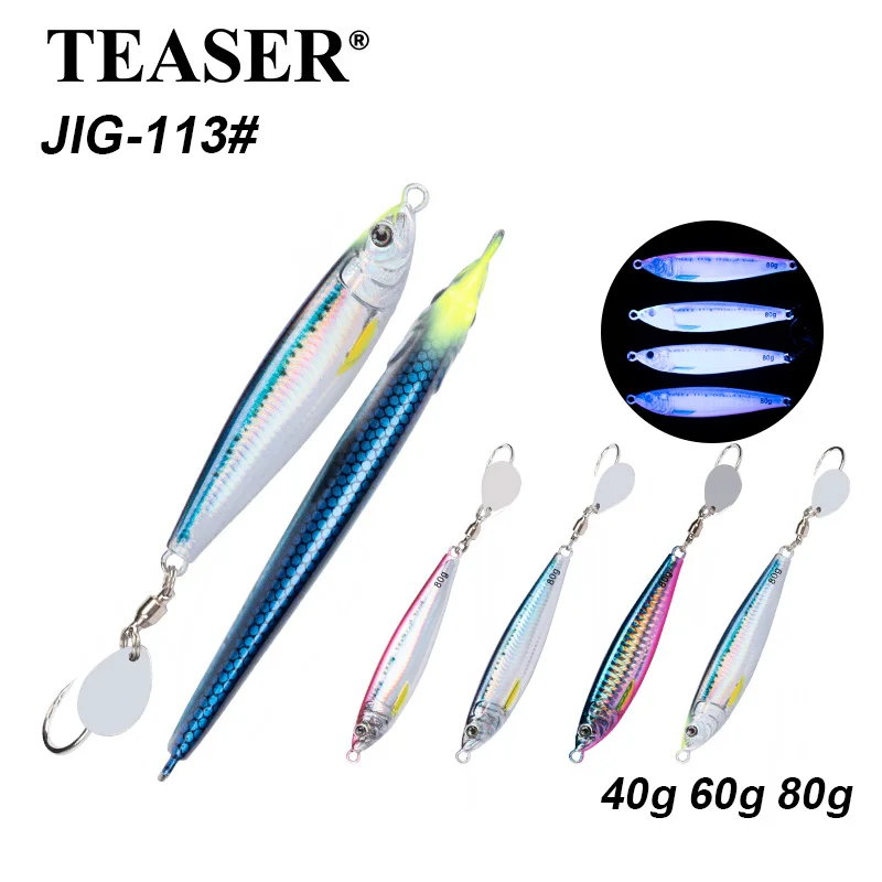 TEASER J113 40g 60g 80g Shore Casting Jigging Baits Sinking Saltwater Jigging Lures Hook Hard Luminous Micro Metal Jig Lure