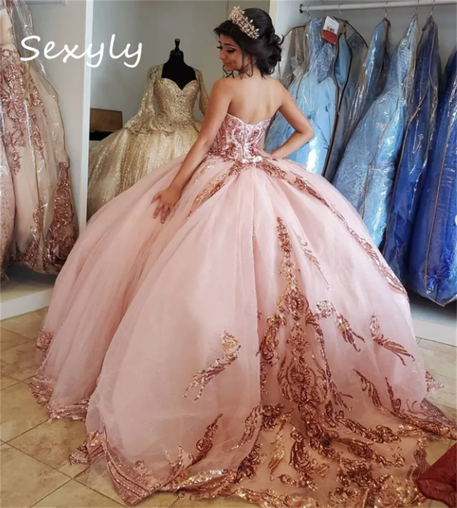 Vestidos de quinceañera de color rosa ostentoso personalizados, vestido de cumpleaños hinchado con escote en forma de corazón de lujo, Vestidos Charro brillantes Para Xv Anos Sweet 15