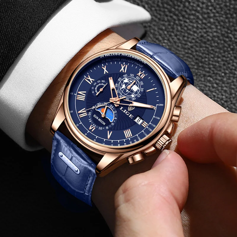 Fashion Watches Mens LIGE Top Brand Luxury Casual Leather Quartz Men Watch Business Clock Male Sport Waterproof Date Chronograph