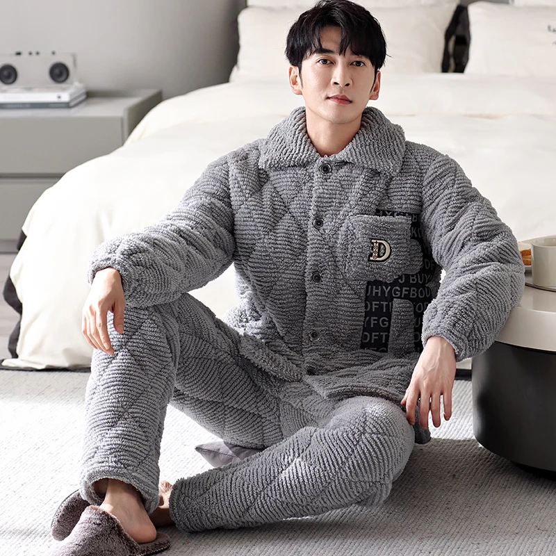 Newest Men's Pyjama Winter Thick Warm Flannel Sleepwear 3 Layers Clip Cotton Pajamas Set