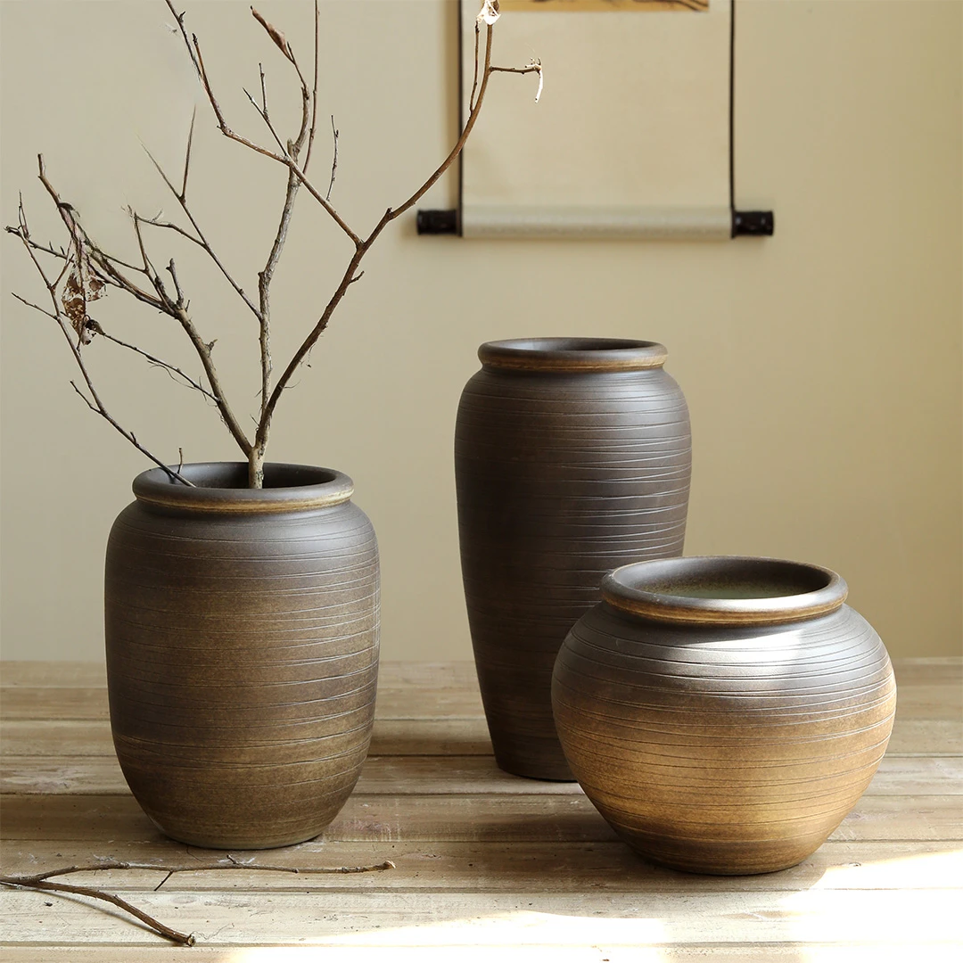 

The product can be customized.Vintage coarse pottery jar, Japanese Zen vase, handmade earthenware flower ware