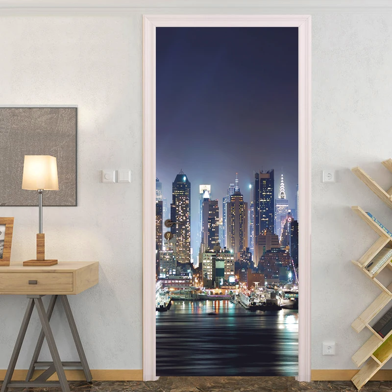 

City Night View 3D Photo Wallpaper Door Sticker Removable Home Decor Wall Decals Door Stickers Wall Mural Art