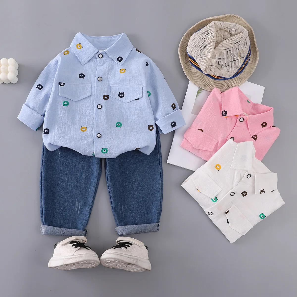 children's boys' spring/autumn cartoon print bear long-sleeve elastic comfortable skin-friendly denim two-piece set3658