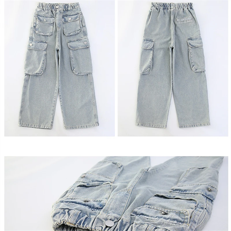 طفل الصناعات الثقيلة الضوء الأزرق مستقيم البضائع الجينز مع جيوب متعددة لفتاة التوأم الرجعية الدنيم السراويل الاطفال عارضة السراويل #5