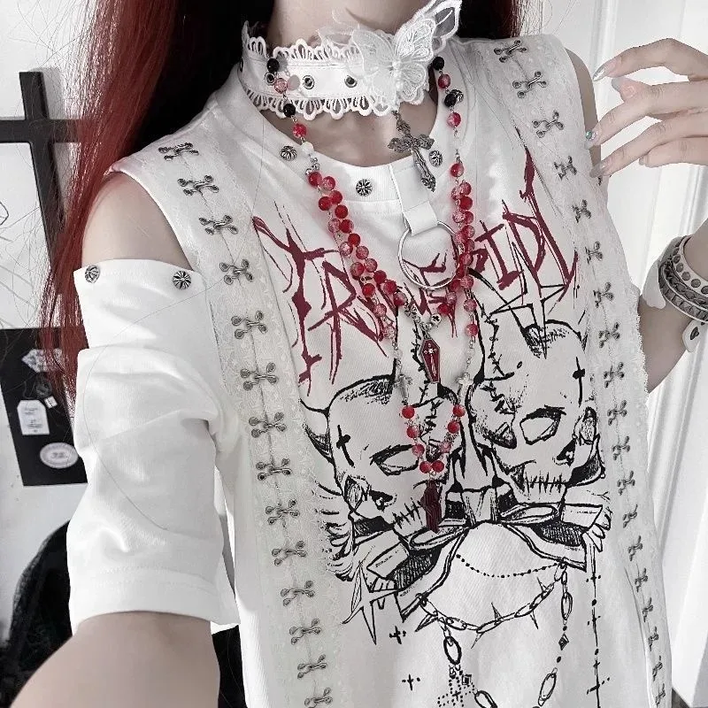 Darkly Series Punk Print Subculture Gothic Short Sleeved Off Shoulder T-shirt Design Sense Loose Sweet and Spicy Tops Summer