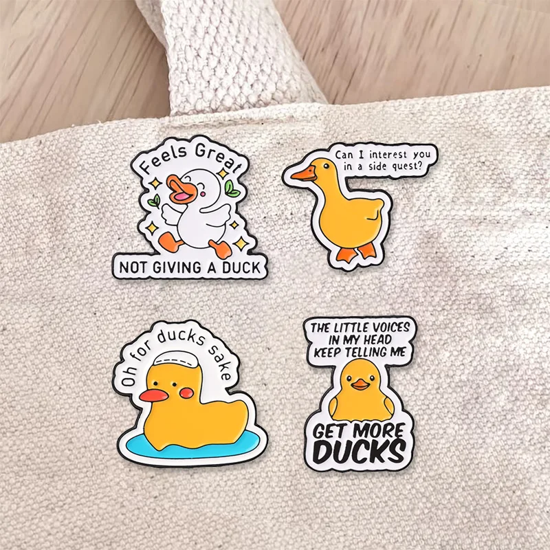 Funny Duck Slogan Enamel Badges Not Giving A Duck Side Quest Pins Humor Quote Metal Brooches Lapel Pin Set Gift