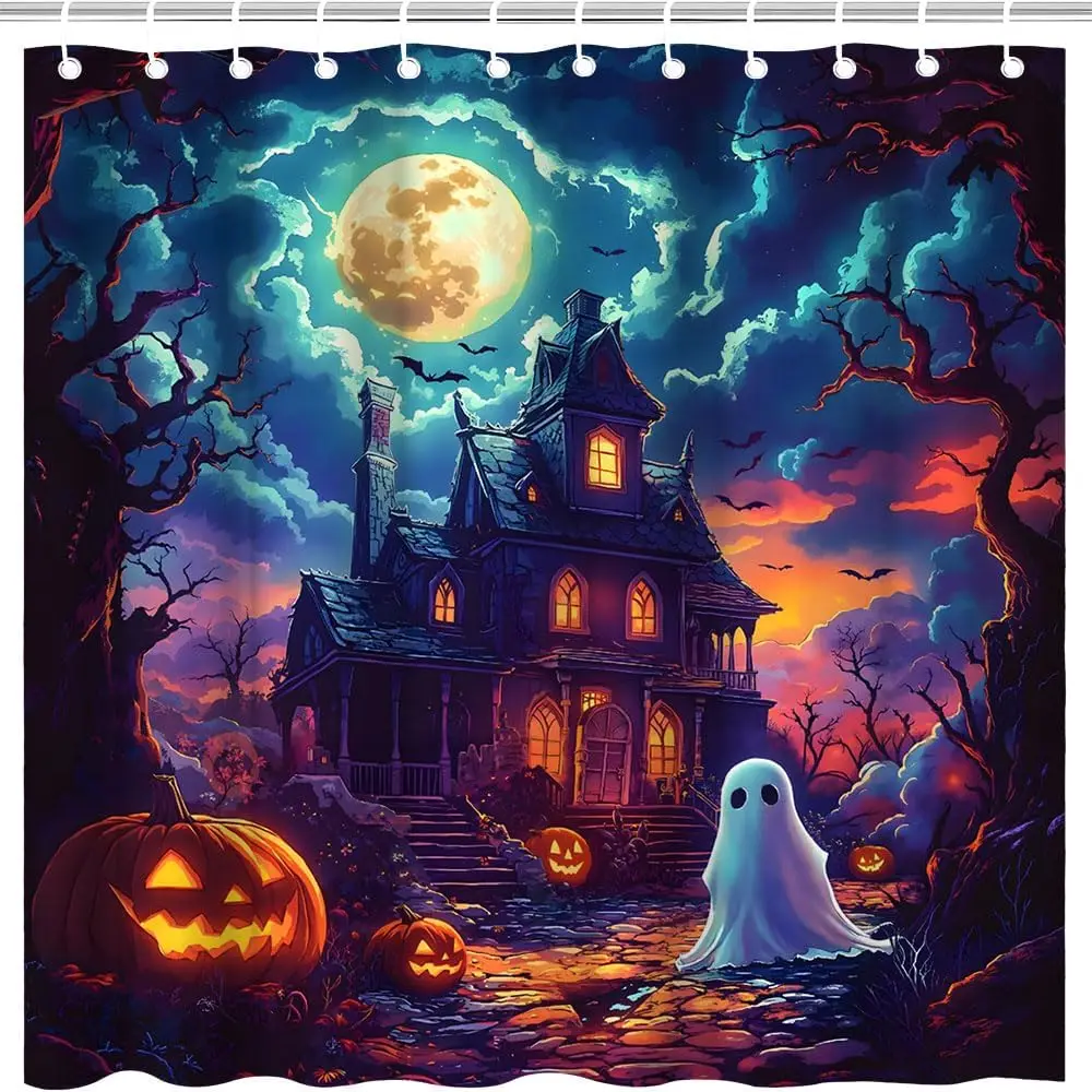 Halloween Haunted House Shower Curtain Gothic Full Moon Spooky Castle Ghost Pumpkins Lantern Dead Tree Bats Courtyard Blue Purpl
