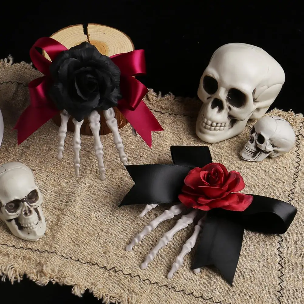 Macabre Hair Accessory Dark Style Halloween Hair Pin Skeleton Hand Frame with Artificial Rose Flower Bow Decoration Spooky for A