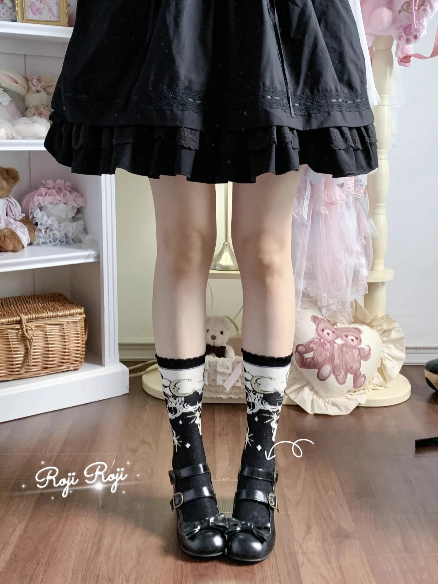 오리지널 스타 문 로리타 미드-칼프 양말 일본 가을 통기성 순면 리본 양말 여성용 따뜻한 슬림 레그 숏 양말