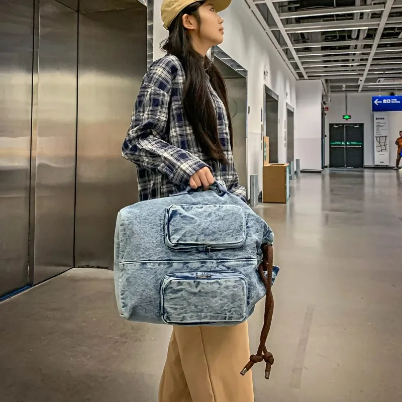Mochila vaquera con cordón y dos bolsillos, gran capacidad, informal, diaria, ropa de calle para estudiantes, mochila  moda