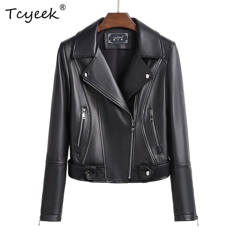 Tcyeek Schaffell Frauen Leder Jacke Frühling Herbst Anzug Kragen Lange Ärmeln Schwarz Kurze Motorrad Jacke Chaqueta Cuero Mujer