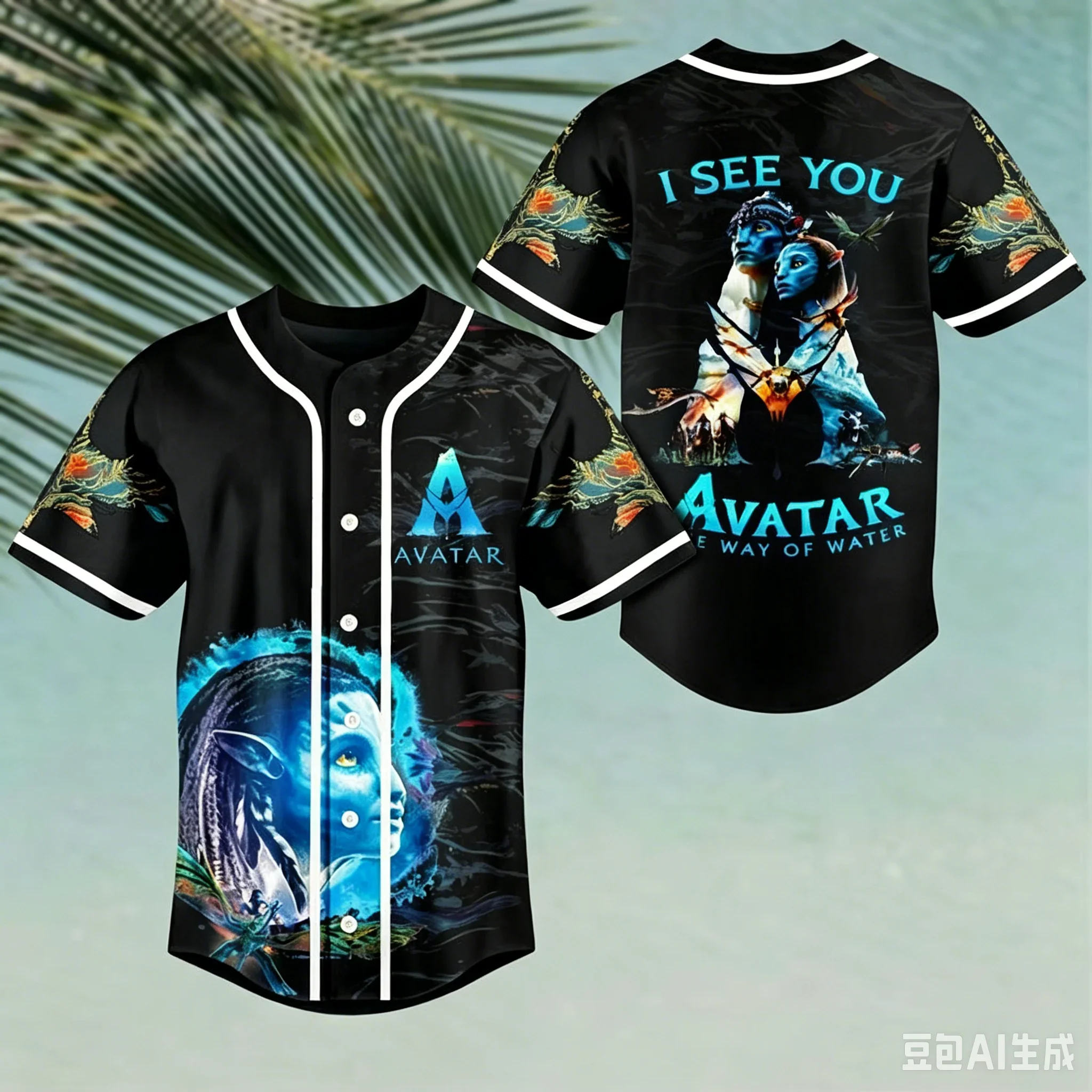 Avatar Water Way Dark Blue Water Pattern Baseball Uniform T-Shirt Unisex Adult Button-Up Shirt Men's and Children's T-Shirt