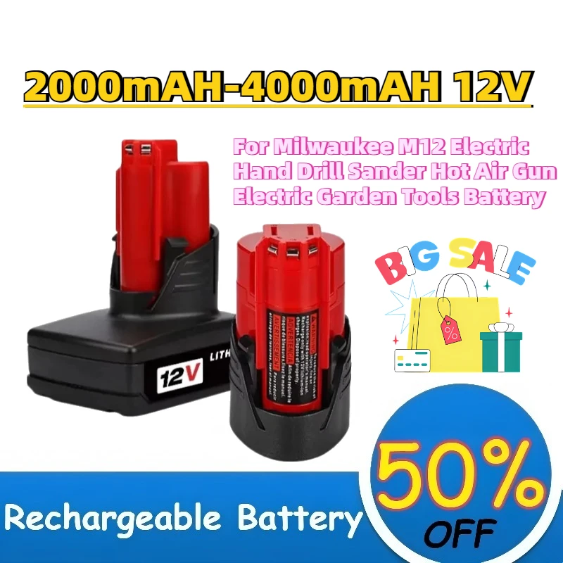 

For Milwaukee M12 Electric Hand Drill Sander Hot Air Gun Electric Garden Tools Battery New 2.0AH-4.0AH 12V Rechargeable Battery