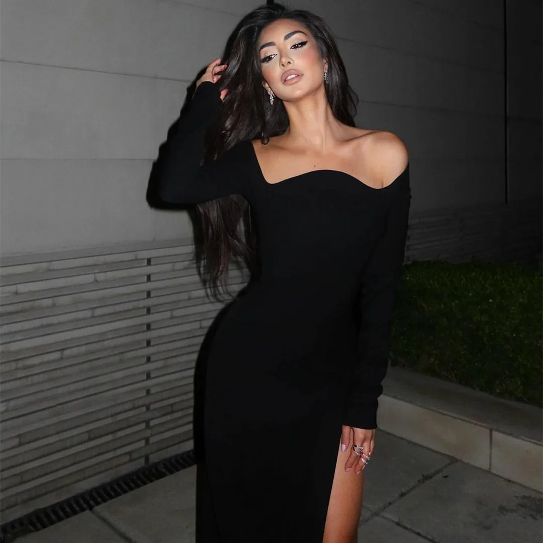 Women's Black Prom Dresses with Sleeves Off the Shoulder Mermaid Cocktail Party Dress with Slit Long Satin فساتين نسائيه سهره