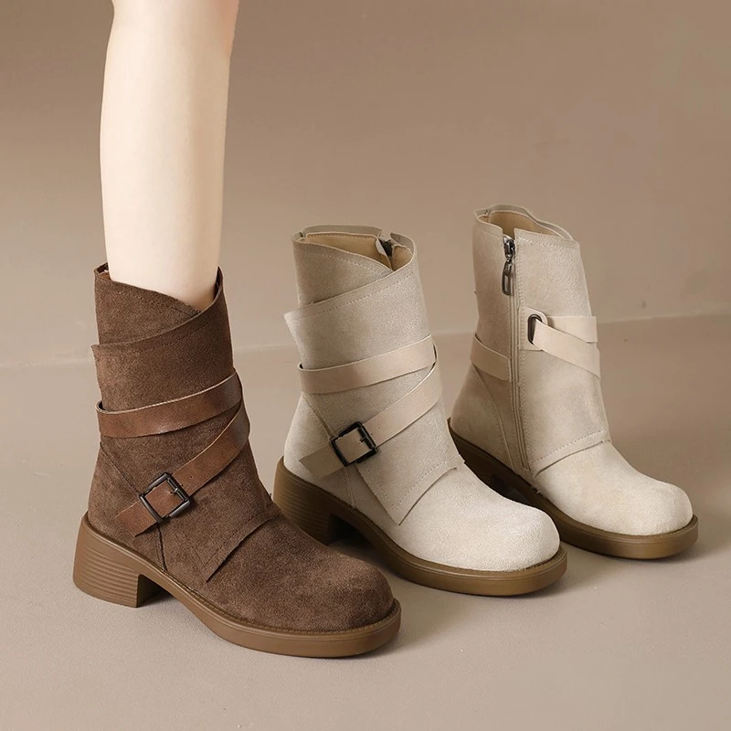

Retro Single Boot Fall New Round Toe Side Zip Metal Buckle Suede Platform Non-Slip Block Heels