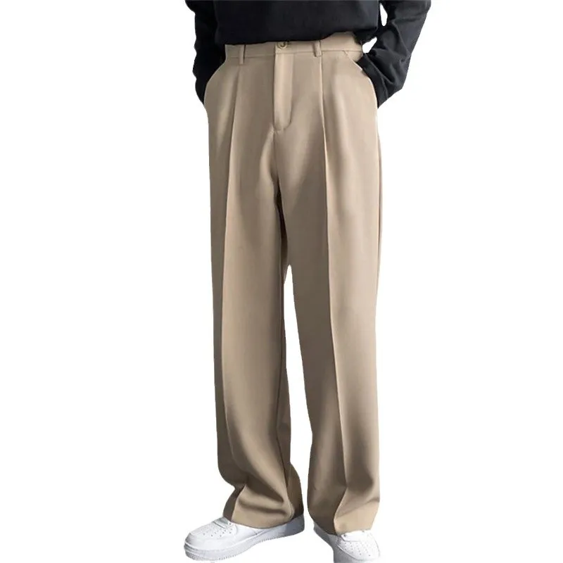 

Men's straight-fit loose suit trousers with diagonal side pockets, in solid color, comfortable, fashionable and casual.