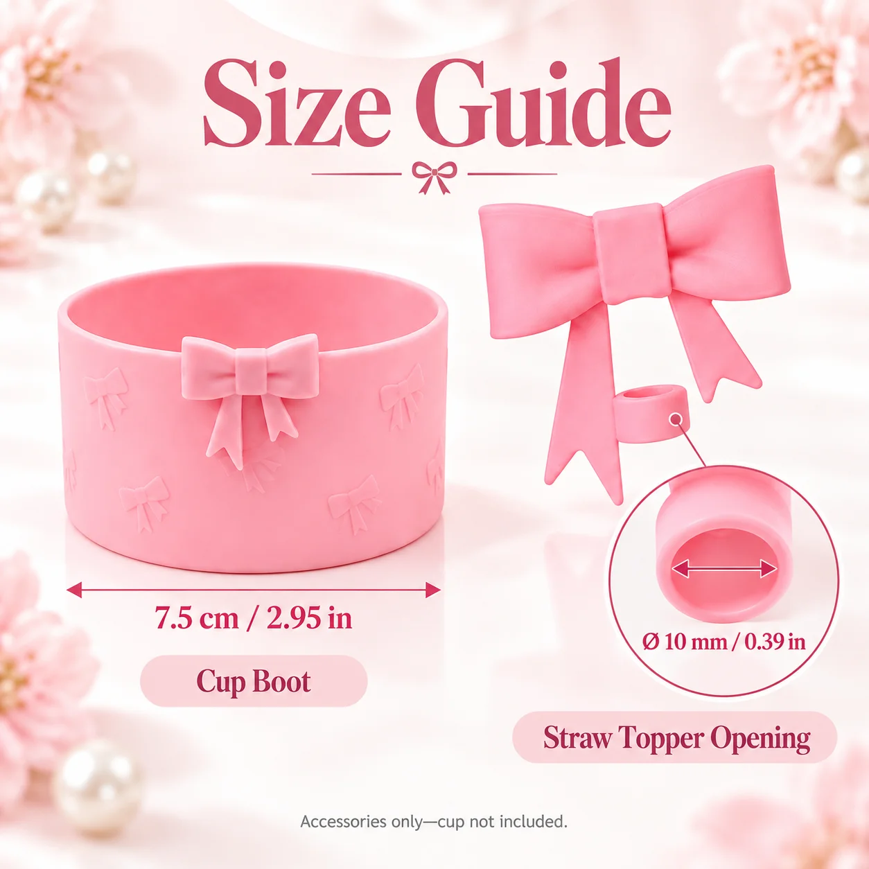 5pcs Accessories for Stanley 40oz Tumbler: Bow Straw Cap, Beaded Chain Handle, Cup Ring, Bow Silicone Boot, Pompom, No Cup