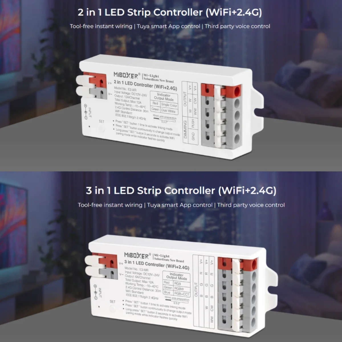 Miboxer 2/3 w 1 kontroler LED WiFi Zigbee 3.0 + 2.4G dla pojedynczy kolor/podwójnego białego/RGB/RGBW/RGB + CCT DC12-24V światła LED