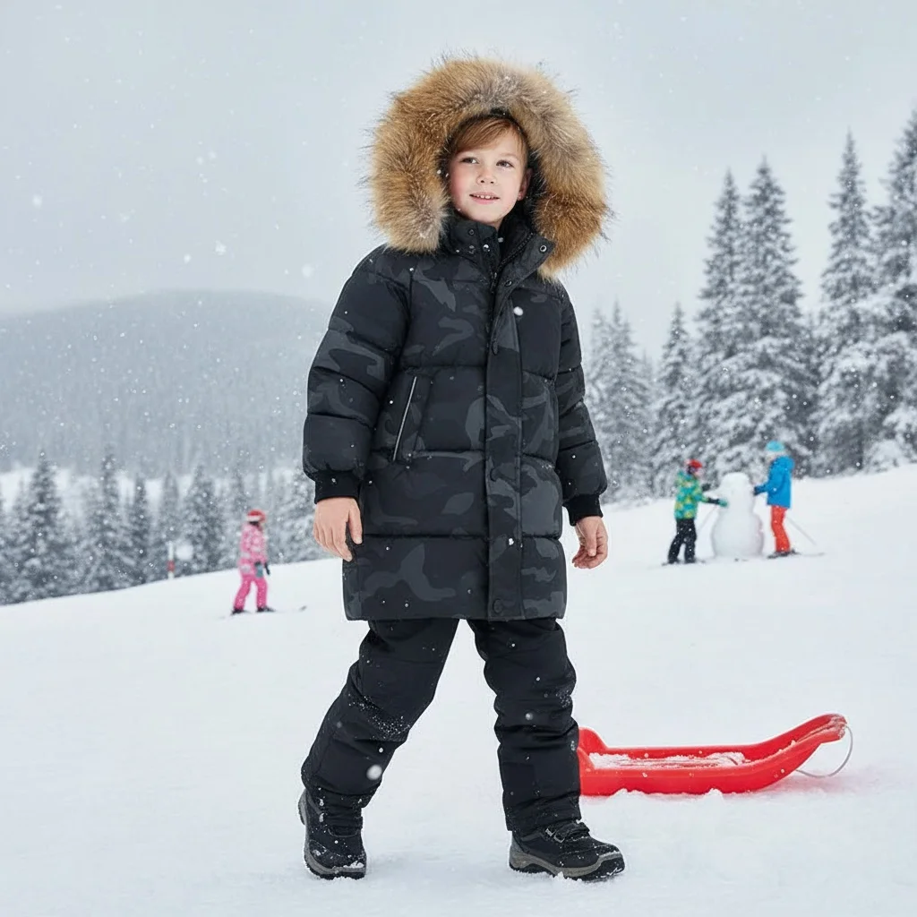 

Winter Children Boys Down Jacket Fur Hooded Thicken Warm Outerwear Boys Girls Plus Velvet Windproof Coat Sports Outfit