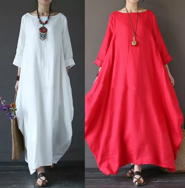 

5 Colors Womens O Neck Mid Sleeve Kaftan Maxi Dress Summer Autumn Cotton Linen Loose Dresses