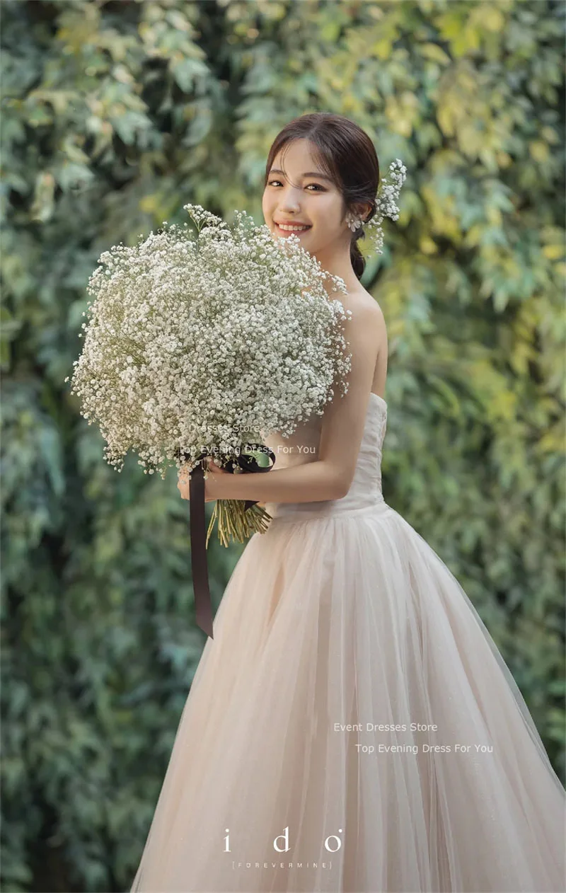 LISM Fairy Tulle abiti da sposa a-line lunghezza del pavimento abiti da ballo maniche con spalle scoperte abiti da sposa abiti da sposa corea foto