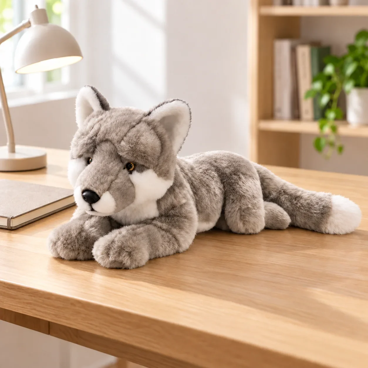 Realistic Gray Fox Plush Toy, Soft Stuffed Animal with Fluffy Tail, Lifelike Woodland Animal Doll, Birthday Gift and Home Decor