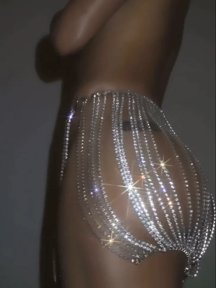 

Sexy Silver Rhinestone Tassel Body Chain Skirt Women Sparkly Fringe Mini Skirt For Party Club Rave Festival Night Outfit