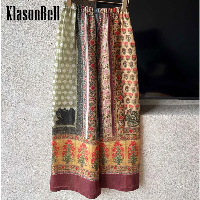 

7.13 KlasonBell Women's Elegant Indie Folk Style Vintage Print Trousers Elastic Waist Loose Holiday Wide Leg Pants