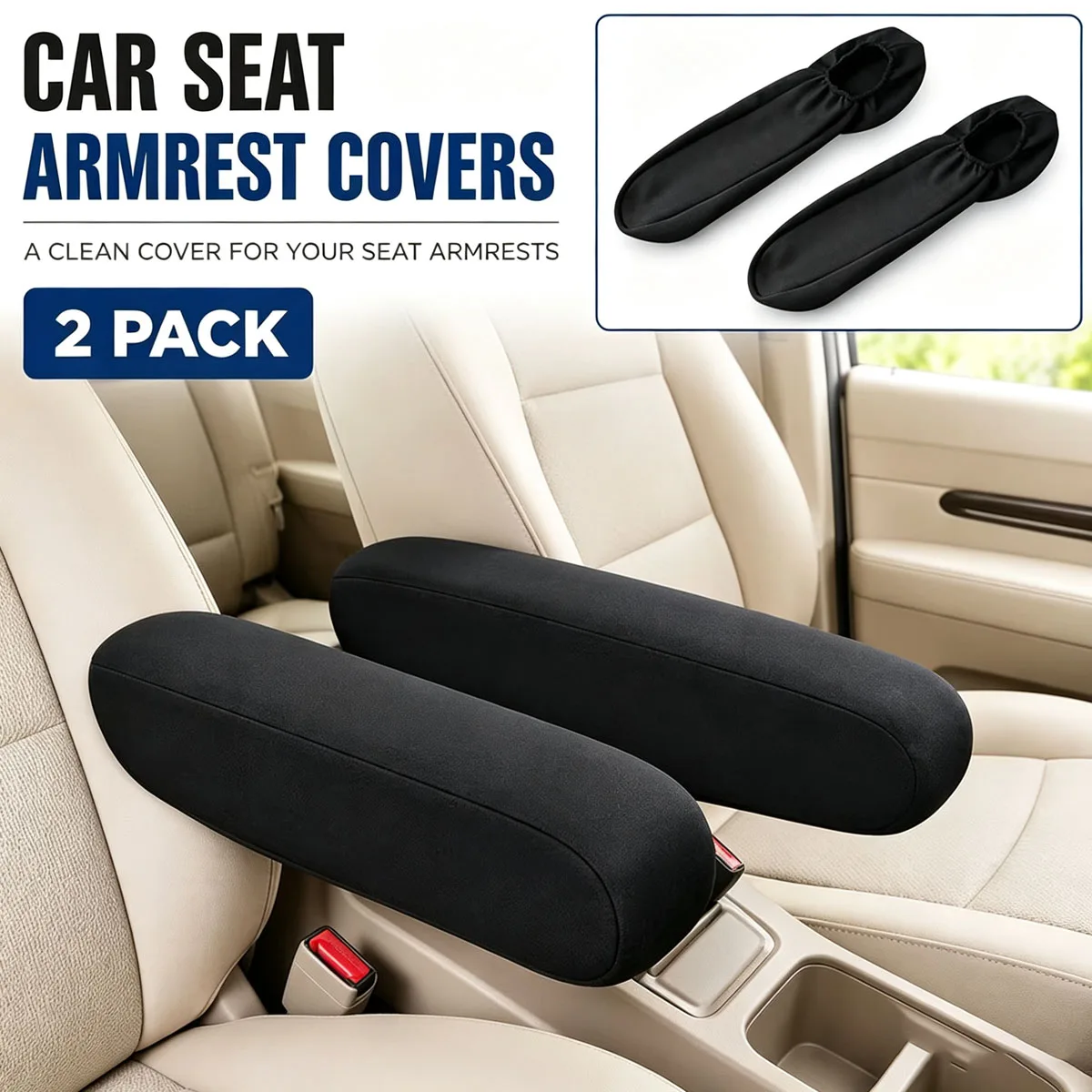 Car Seat Armrest Covers, Black Elastic Stretch Fabric Protector, Universal 2‑Pack Anti‑Scratch Wear‑Resistant Sleeve