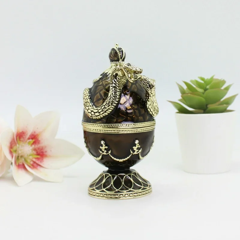 Enamelled Metal Easter Egg Jewerly Box Hand Painted with Snake Animal Hing Trinket Box Collectible Home Decor