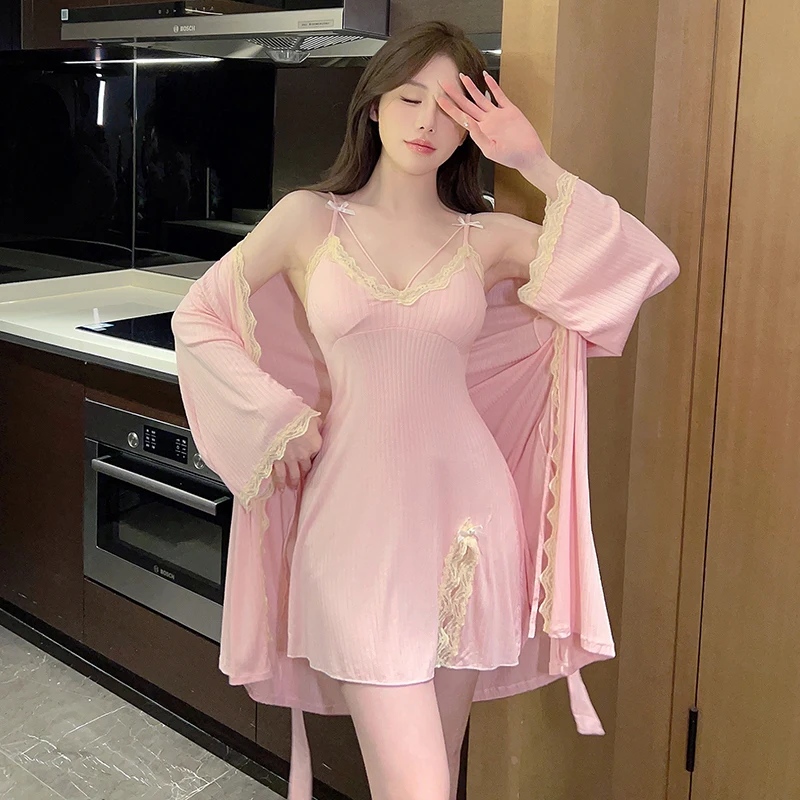 Autumn Winter New Modal Cotton Clothes Sets Lace Slip Dress Lounge Sets Womens 2 Piece Comes with a Chest Pad Sexy Woman Pajamas