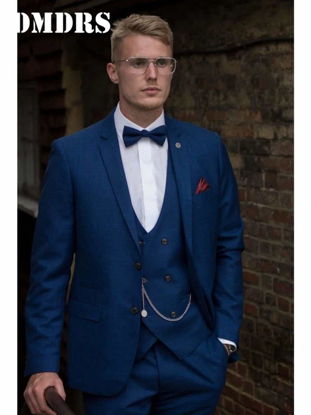 Handsome Men's 3-piece Blue Checked Wedding Suit 2026 Elegant Slim Jacket Vest Pants Business Formal with Bow Tie Accent