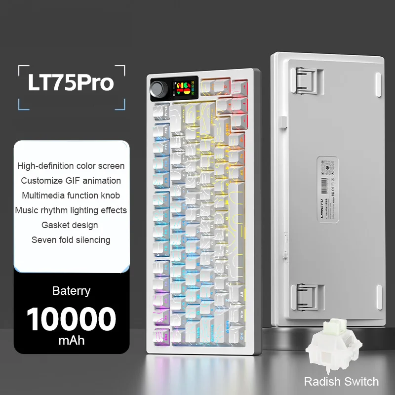 

LT75 PRO Беспроводная игровая клавиатура RGB с индивидуальной прокладкой и дисплеем и ручкой, трехрежимная механическая клавиатура с возможностью горячей замены для Win Mac