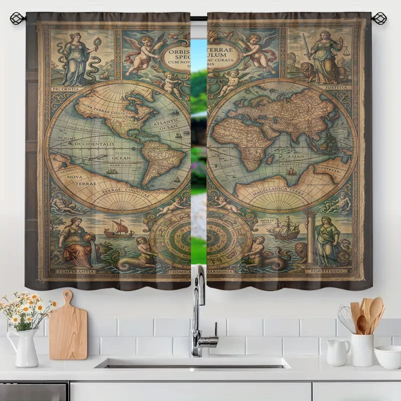 Antique World Map Curtain Panel Nautical Decor Bathroom Kitchen Drape Coastal Explorer Vintage Cartography Home Accessory