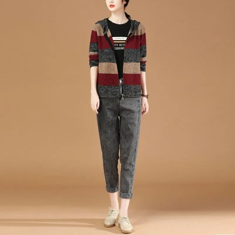 Autumn and Winter Women's Fashion Hooded Colorful Splice Casual Zipper Cardigan Elegant Commuter Loose Korean Versatile Tops