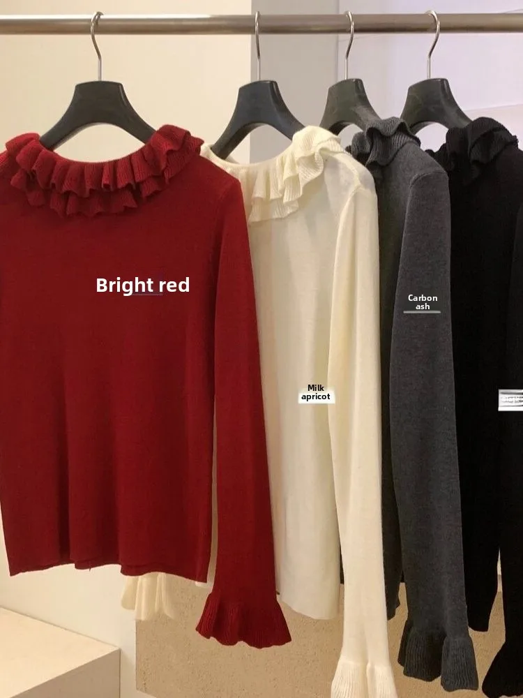 

Красное трикотажное белье Sweet Sle с длинным рукавом, воротником-лепестком, кружевом «грибочек» и отделкой «камера», в корейском стиле, из холландского трикотажа