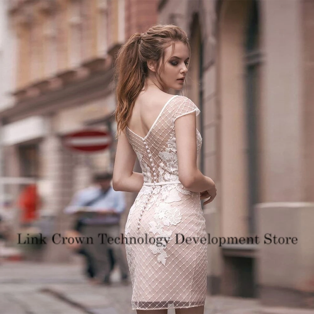 Charming Scoop Wedding Dresses Short Sleeve Champagne Bridal Vestido De Novia Exquisite New Robe De Summer
