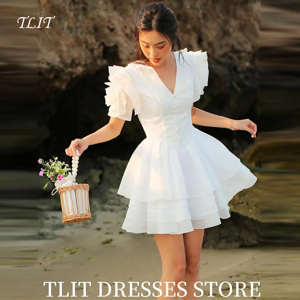 

TLIT Elegant White Satin Floral Wedding Dresses Short A-Line Bridal Gowns Korea Wedding Dresses Photo Shoot Customized Buttons