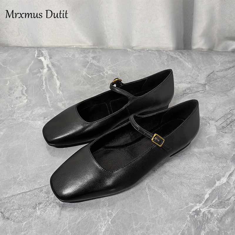 Mrxmus 2024 New Spring Summer Women Fashion Genuine Leather Square Head Shallow Flat Shoes Solid Simple Versatile Shoes Female