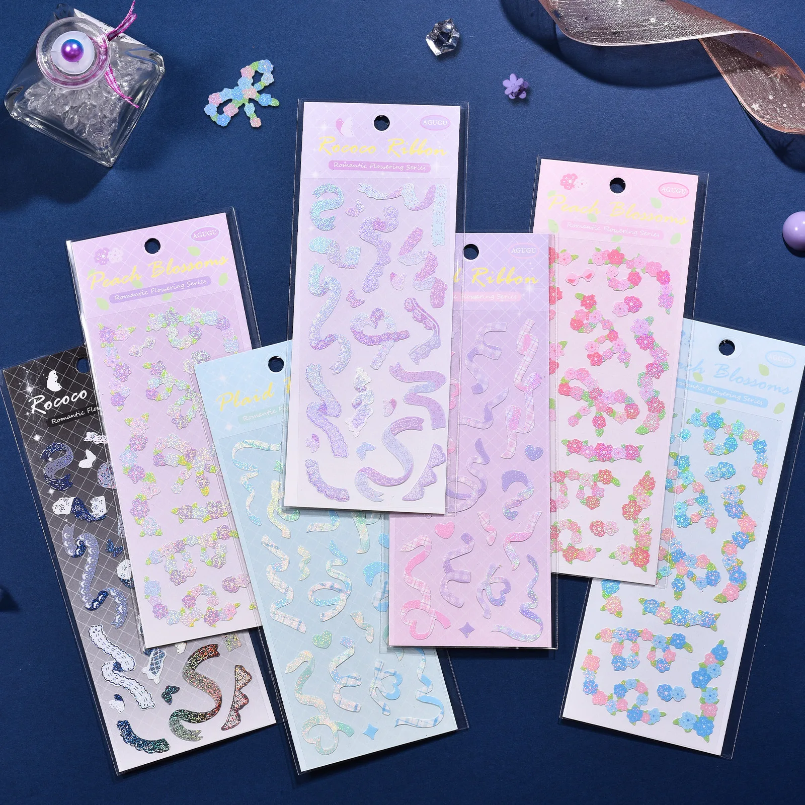 

Romantic Flowering Period Korean Ins Guka Glitter Vintage Sticker Laser Ribbon Streamer Handbook Material Sticker