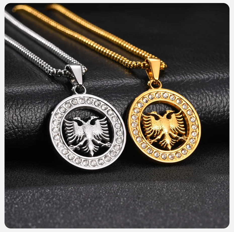 Vnox Herren Runde Doppelköpfiger Adler Anhänger Halskette, Gold Silber Farbe Edelstahl mit CZ-Besatz, Kastenkette, Ethnischer Schmuck Geschenk – Detail 5