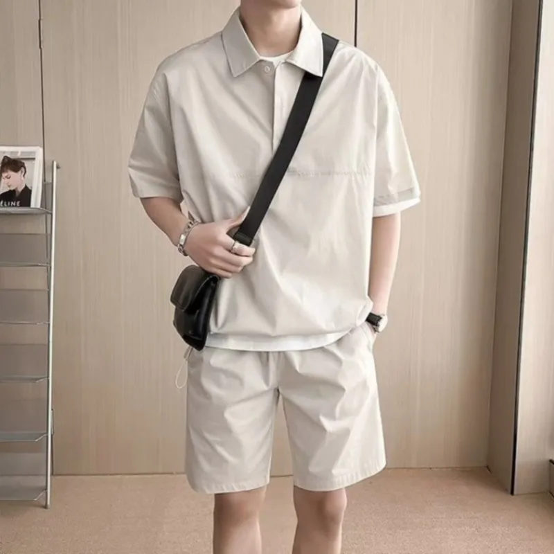 

Men's Summer Short Sleeve Shorts Loose Fit Polo Shirt Set Solid Color Korean Style Ins Casual Couple Trendy Outfit