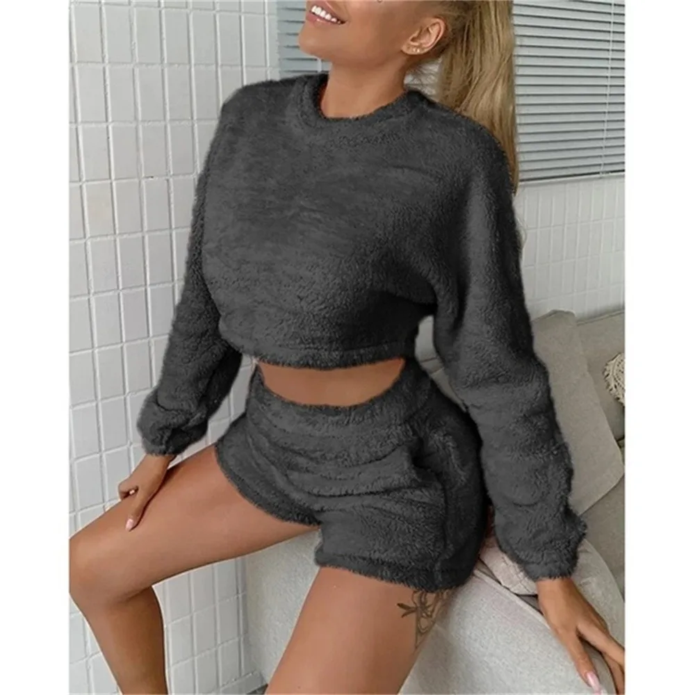 2 Pieces Sets Sexy Fluffy Pajamas Set Velvet Plush Pullover Sleepwear Women Long Sleeve Crop Top + Shorts Casual Autumn Homesuit