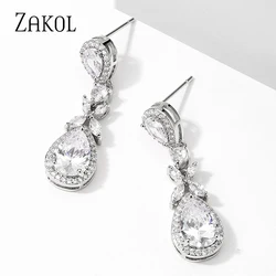 ZAKOL Luxury Cubic Zirconia Water Drop Dangle Earrings for Women Zircon Earring Bridal Wedding Jewelry
