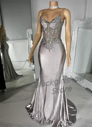 Sparkling Diamante Silver Long Prom Dress 2024 Luxury Satin Crystal Beaded Black Girls Birthday Party Dress For Formal Occasions